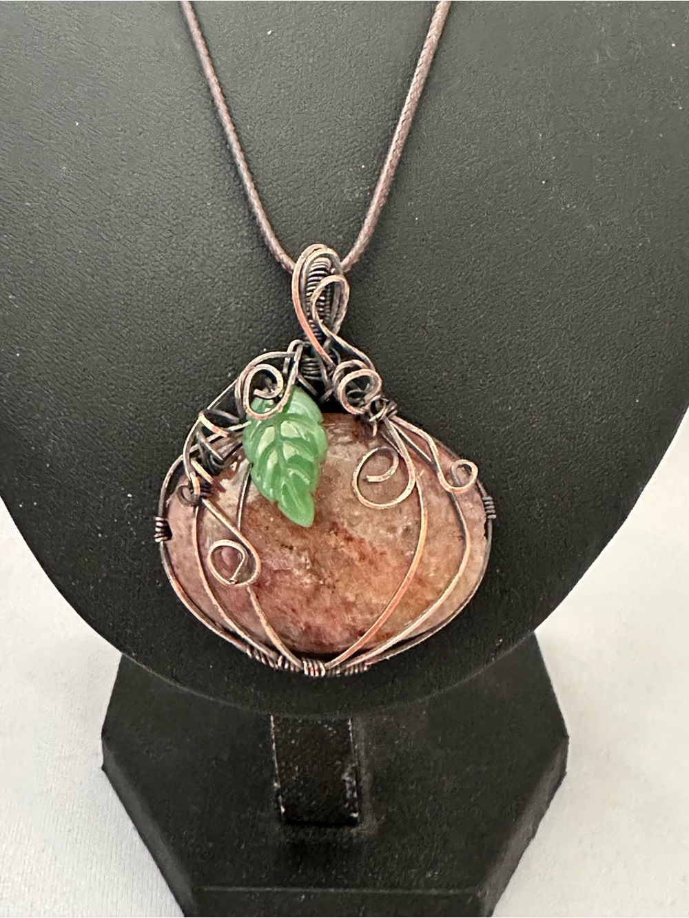 Handcrafted Copper Wire Wrapped Peach Stone Pendant Necklace with Green Leaf